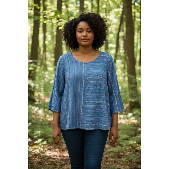 Habitat Clothes To Live In Blue Striped Patchwork 3/4 Sleeve Button Cuff Top - Picture 1 of 8